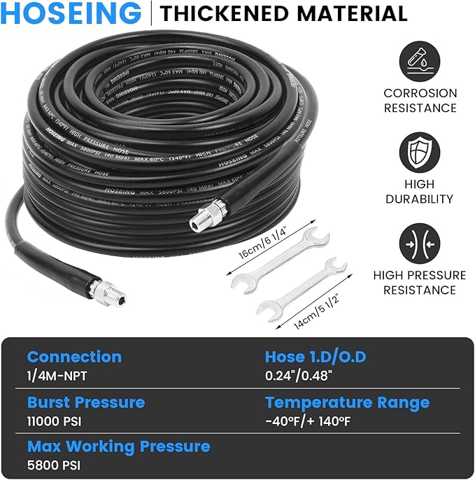 100FT Sewer Jetter Kit for Pressure Washer, 5800 PSI Water Jet Drain Cleaner Hose Corner Rotating Button Nose Sewer Jetting Nozzle 1/4 Inch NPT, Sewer Jetter Nozzles Kit with Spanner Handle Strap