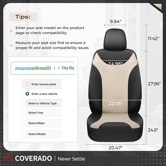 Coverado Front Seat Covers, 2 Seats Universal Seat Covers for Cars, Leather & Fabric Splicing Design Car Seat Protectors, Waterproof Car Seat Cushions Universal Fit for Vehicles, Black & Beige