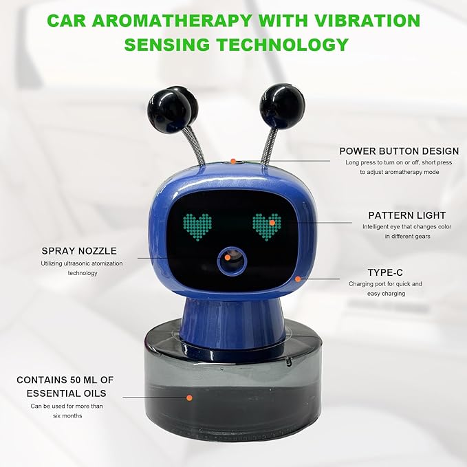 Smart Cute Robot Car Air Freshener, Fine Spray Car Aromatherapy Machine with Four-Gear Adjustment, Auto On/Off Mini Robot Fillable Essential Oil Diffuser for Vehicle Home Office (Ocean)