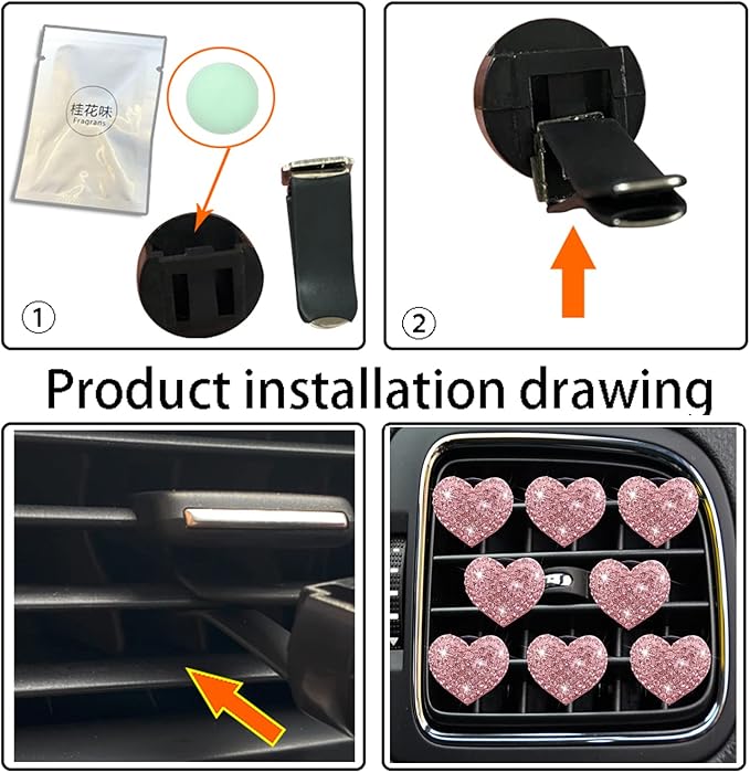 8-Pc Bling Heart Air Vent Clips, Crystal Heart Air Fresheners Vent Clip Rhinestone Car Decor - Cute Car Accessories for Women & Girls (Pink)