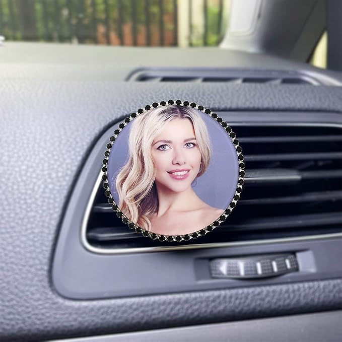 Custom Pictures Car Air Freshener Vent Clips, Personalized Black Rhinestone Photo Frame Air Fresheners Outlet Clips, Car Decoration In Memory of Someone (B-Rhinestone-Bordered Circular)