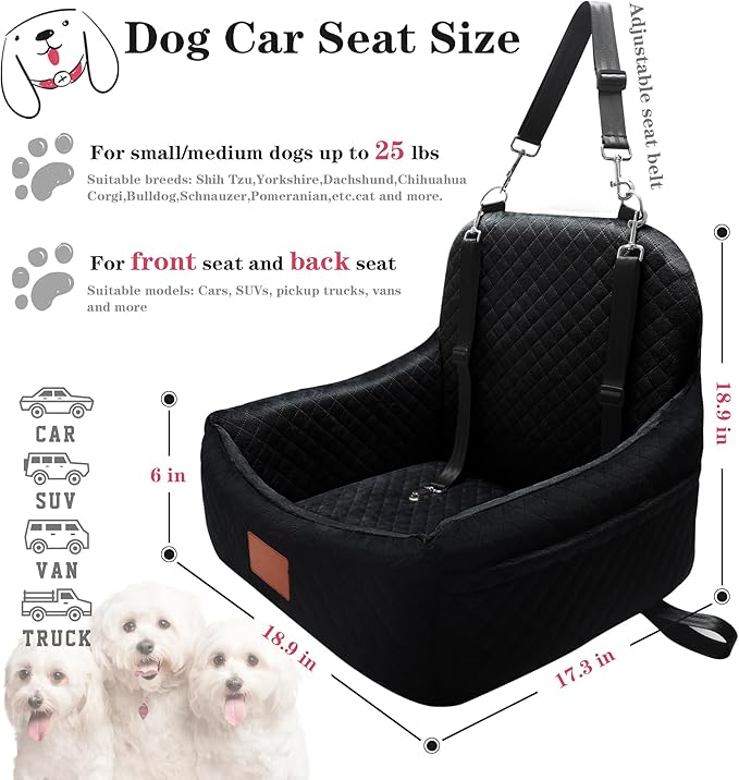 Small Dog Car Seat for Small Dogs Under 30 lbs, Memory Foam Pet Car Seat with Washable Cover, Safety Belts & Side Storage Pockets, Portable Travel Bed for SUV/Sedan (Black)