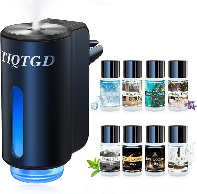Smart Car Air Freshener, Car Air Freshener Diffuser with 3 Adjustable Light Modes, Rechargeable Aromatizante para Carro with 8pcs Essential Oil, Long-Lasting, Black