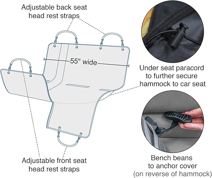 Kurgo Heather Hammock - Full Seat Dog Hammock for Secure Pet Travel - Waterproof & Stain Resistant Cover - Backseat Divider - Dog Car Seat Protector - Heather Gray