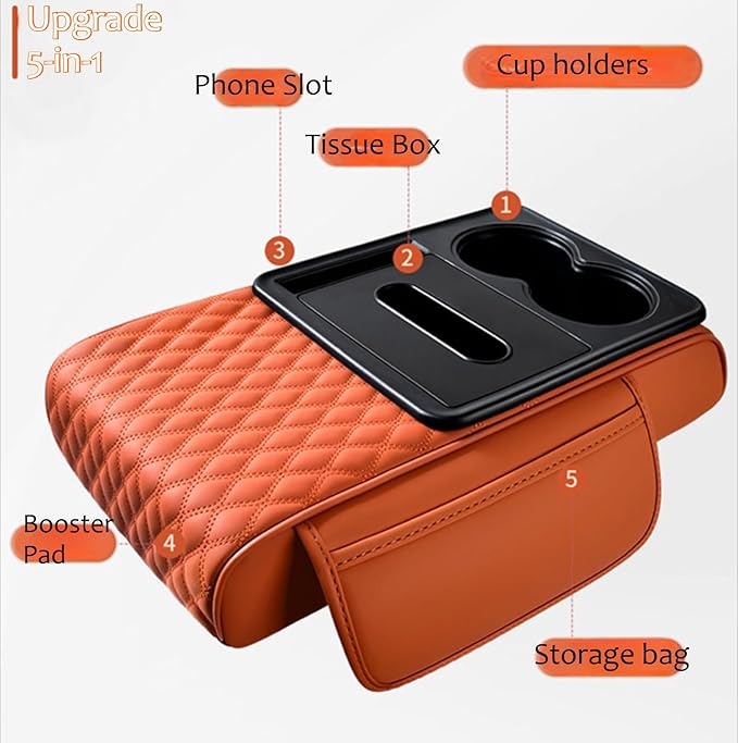 Car Center Console Armrest Pad, Arm Rest Box Cushion with Ergonomic Height Boost, Storage Pockets, Built-in Tissue Box, Cupholder, Fit for Most Sedan Vehicles (Embroidery Water Ripple, Beige)