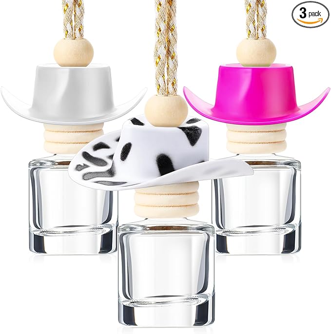 3 Pieces Cowboy Hat Car Air Freshener Hanging Cow Print Diffuser Bottles Western Country Refillable Empty Glass Perfume Bottle Car Interior Rear View Mirror Accessories (White, Spots, Pink)