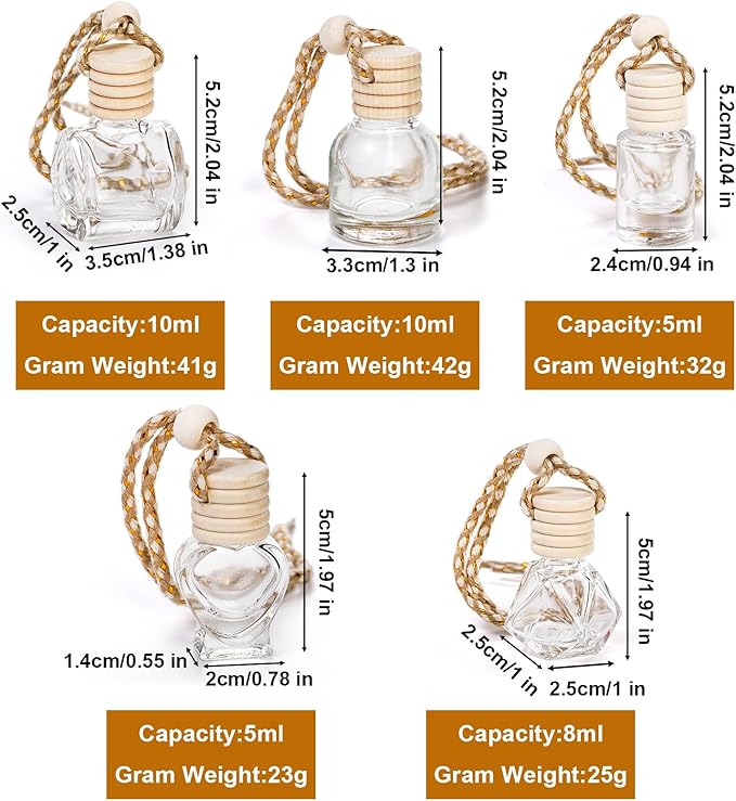 Fasmov 100 Pcs Hanging Car Air Freshener Diffuser, 10ml/8ml/5ml Empty Clear Glass Essential Diffuser Oil Aromatherapy Fragrance Perfume Pendant Glass Vials with Wooden Caps Lanyard, 5 Assorted Style