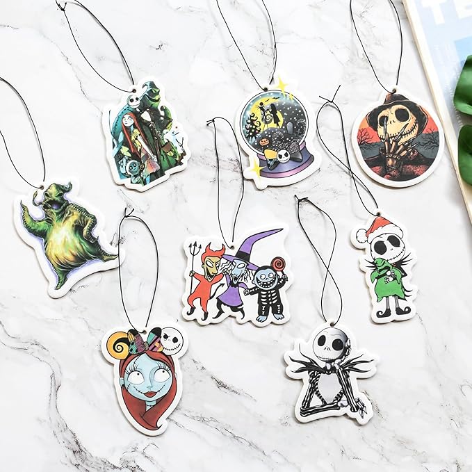 Horror Christmas Skull Car Air Freshener Card Pendant（8Pack Fresh Ice Scent） Gifts Cartoon Halloween Merch Party Supplies Room Decor Accessories for Hanging Rearview Car Interior