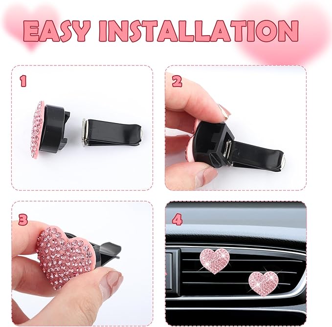 4PCS Heart-Shaped Car Vent Clips with Rhinestone,Bling Air Vent Clips Car Decorations,Premium Shiny Car Clips for Vents Accessories Interior (Lake Blue)