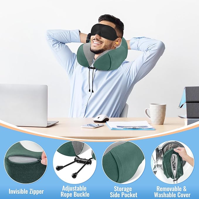 CloudBliss Travel Pillow Premium Memory Foam, Comfortable & Supportive Neck Pillow, Neck Pillows for Sleeping Travel, Airplane Pillow for Sleeping Airplane, Car, Office and Home（Black & Green）