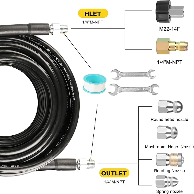 Pressure Washer Drain Jetter – Sewer Jetter Kit for Pressure Washer 50ft 1/4 Inch NPT Hose Nozzles and Adapter 5800PSI Clears Clogs in Pipes & Sewer Lines