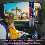 Car Window Shade for Baby, 2 Pack Car Sun Shades with Storage Net Pocket Auto Window Curtain 7 Suction Cups Blue Dinosaurs for Sun/Heat/UV Rays Protection Kids