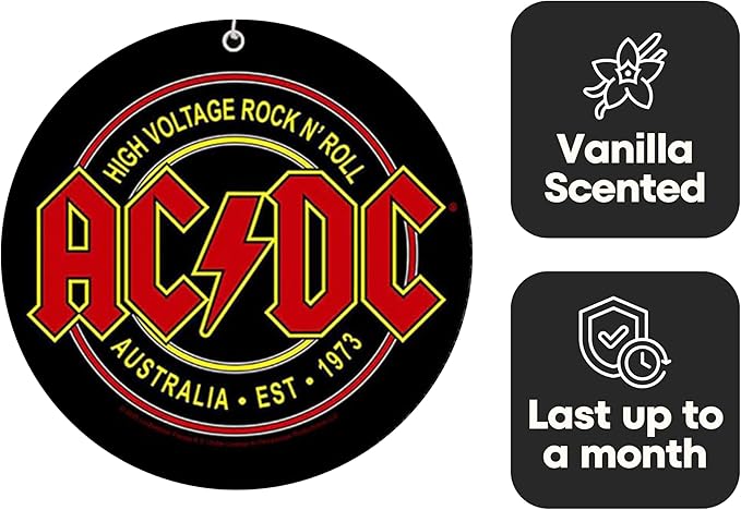 Rocksax AC/DC High Voltage Hanging Air Freshener – Long-Lasting Vanilla Car Air Freshener for Home & Office – Double-Sided Print Rock Band Memorabilia Car Fresheners