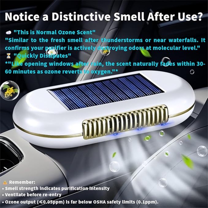 Solar-Powered Car Air Purifier with USB Charging & Ozone Odor Elimination - Portable HEPA Filter-Free Ionizer for Pet Odors, VOCs - Compact, Silent, Best for Car Use (8820 white)