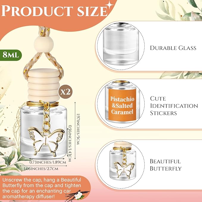 2 Pack Car Air Freshener Pistachio and Salted Caramel Hanging Essential Oil Diffuser Long Lasting Car Scent Automobile Aromatherapy with Rearview Mirror Accessories(Butterfly Pendant)