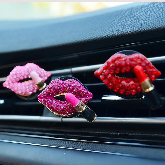 2 Pieces Bling Sexy Lip Air Vent Clips Rhinestone Lipstick Car Air Freshener Clip Crystal Car Air Outlet Decorations Charm Car Inter Decor Accessories for Girls Women