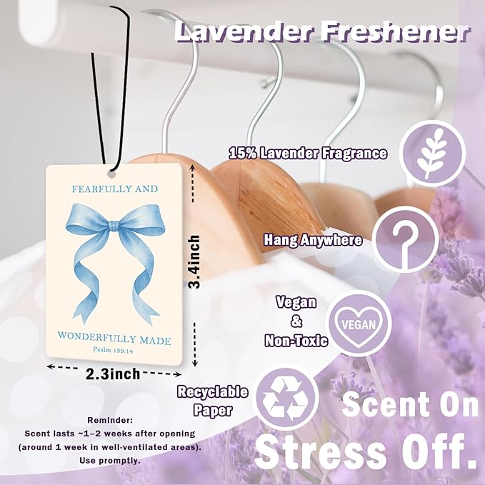 Blue Christian Girls Car Air Freshener Accessories 3pcs, Preppy Coquette Bow Hanging Air Fresheners Decor for Girly Room Closet Bathroom, Scripture Car Scent Lavender Fragrance Card for Women