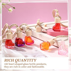 Rtteri 100 Pcs Hanging Car Air Freshener Diffuser Bottles Empty Glass Perfume Diffuser Vials Refillable Oil Aromatherapy Pendant with Wooden Caps and Hanging String for Car Home Office Decor(Heart)