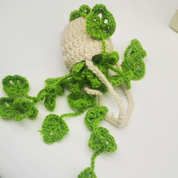 Car Hanging Ornament Knitted Boho Plant for Decor,Cute Crochet Car Hanging Plant Basket Ornament Rear View Mirror Decoration Accessories
