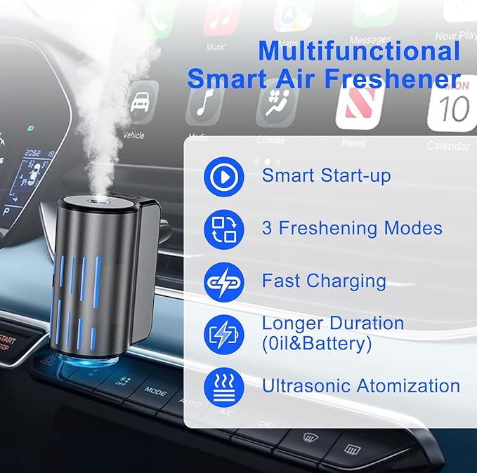 Car Air Freshener,Smart Car Air Freshener, Suitable for Car Diffusers And Home Use,Automatic On/Off,6 Scents,Car Diffusers Have 3 Adjustable Modes,Car Essential Oil Diffusers Have 6 Refill Bottles