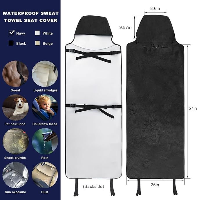 Waterproof Car Seat Cover, Premium Terry Cloth Sweat Towel Front Seat Protector, Washable Non-Slip Automotive Bucket Seats Covers, Ideal for Post Gym Workout Running Swimming (Black)