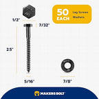 5/16 x 2-1/2 (50 Pack) Lag Screw Kit, 50 Screws and 50 Washers, Ceramic Black Ruspert Coating for Exterior Use, Meets ASTM A307 and ASME B18.2.1, Industrial/Commerical Grade by Makers Bolt