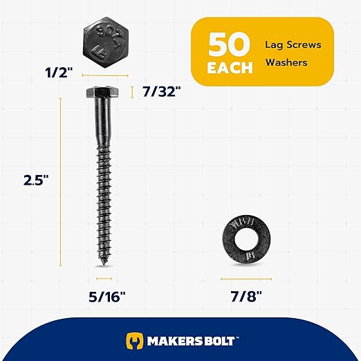5/16 x 2-1/2 (50 Pack) Lag Screw Kit, 50 Screws and 50 Washers, Ceramic Black Ruspert Coating for Exterior Use, Meets ASTM A307 and ASME B18.2.1, Industrial/Commerical Grade by Makers Bolt