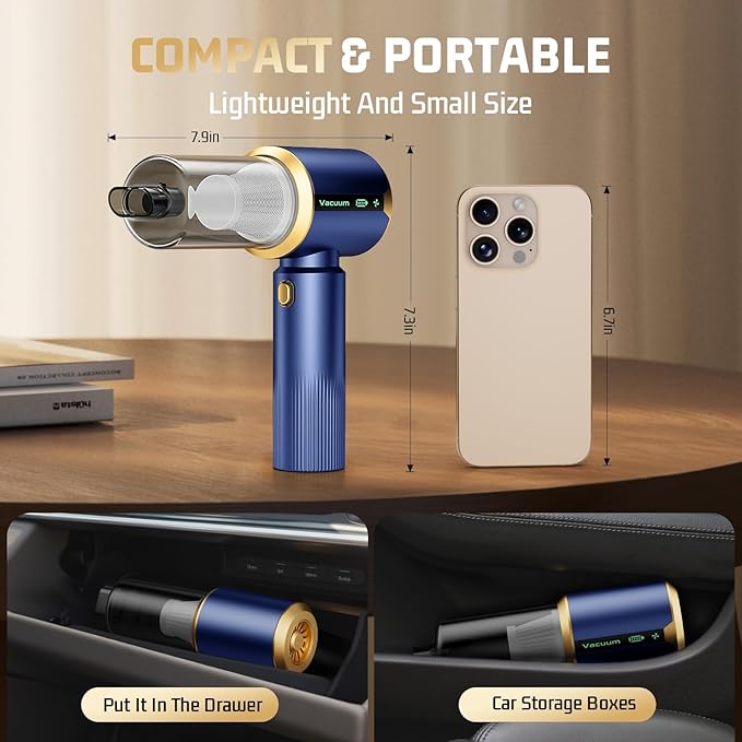 Car Handheld Vacuum Cordless: Car Vacuum Cleaner with 16000Pa Ultra-Strong Suction, Brushless Motor & HEPA Filter - Lightweight Design for Drivers and Office Workers - Blue