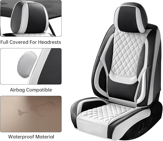 Car Seat Covers Full Set, Luxury Leather Waterproof Non-Slip Seat Protector Universal Fit for Most Cars SUVs Trucks Pick-ups,White and Black Car Accessories Interior(Full Set White)