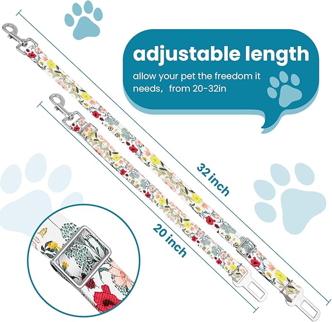 Adjustable pet cat and Dog car seat Belts. The Lanyard is Flexible and Adjustable from 20 to 33 inches(White Flowers + Black Flowers)