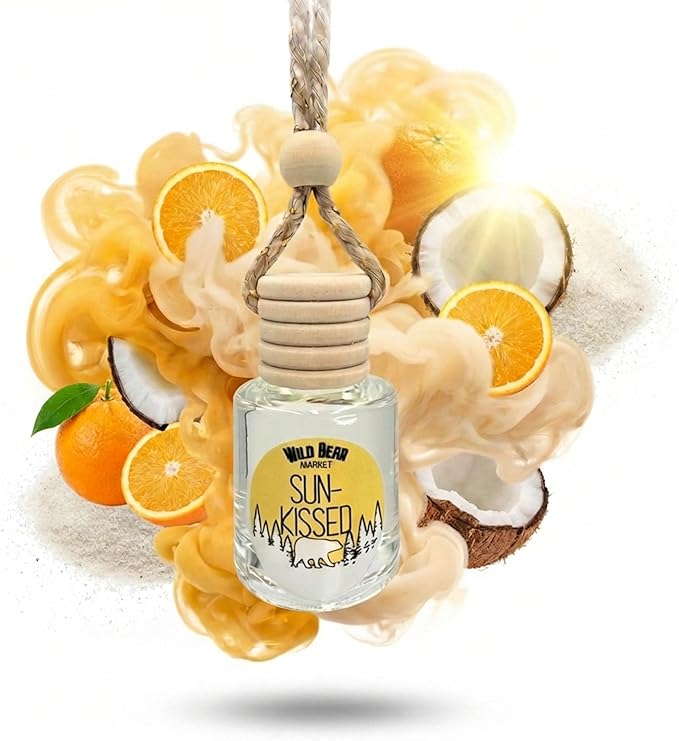 Sun-Kissed Hanging Car Air Freshener Diffuser, Long Lasting Natural Fragrance Oil Car Freshener, Glass Bottle, Auto Air Deodorizer, Made in USA Toxin Free