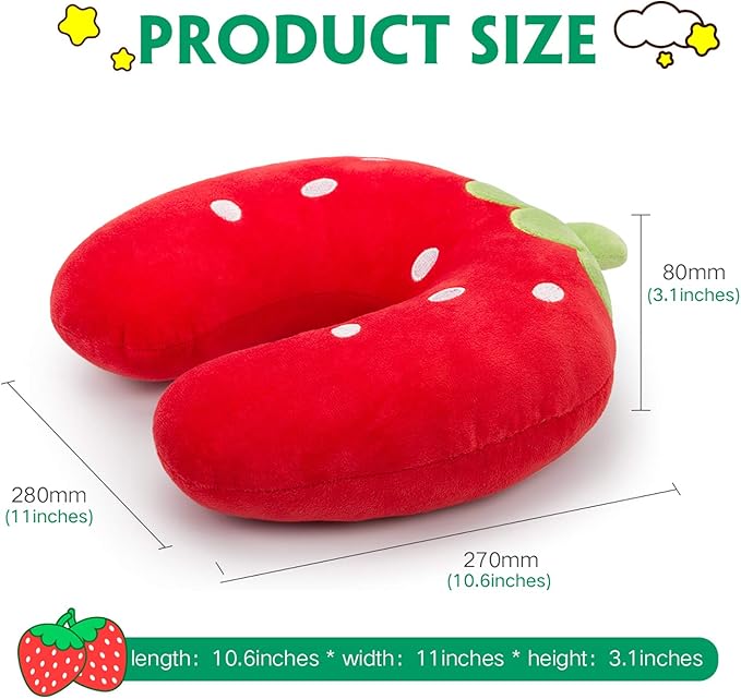 H HOMEWINS Travel Pillow for Kids,Cute Animal Toddler Neck Pillow for Boys Girls,Soft Neck Head Chin Support Pillow,Travel Accessories for Airplane, Car, Train,Recline(Strawberry)