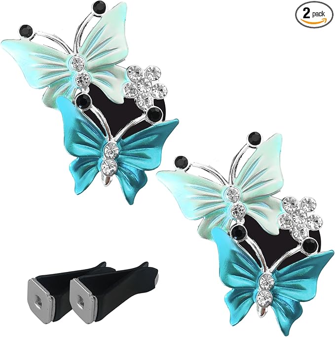 2PCS Car Air Vent Clips, Dual Butterfly Diamond Car Air Conditioner Outlet Vent Clip, Cute Car Diffuser Perfume Clip, Car Air Freshener Decor Accessories for Women Girl (Blue, Style 1)