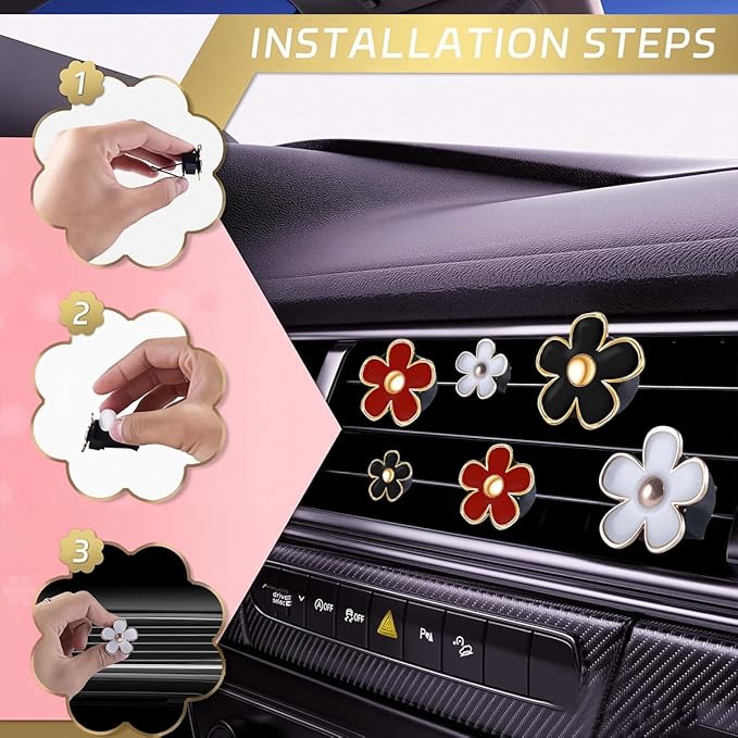 6 Pack Colorful Daisy Flower Car Air Vent Clips Car Air Outlet Freshener Clip for Car Interior Decoration Accessories (Black, White, Red)