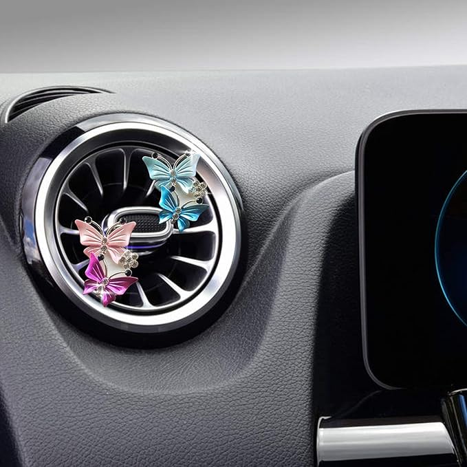 Bling Butterfly Car Air Vent Clip, Cute Rhinestone Air Freshener Clip, Glam SUV Outlet Vent Decorations, Charm Car Inter Decor Accessories for Girls Women (2Pink + 2Blue)