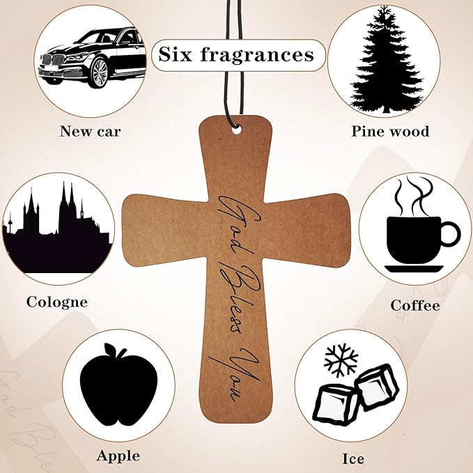Fumete 24 Pcs Easter Christian Cross Car Air Fresheners Gift Bulk Drift Air Freshener Religious Fresh Scented Hanging Ornaments for Church Sunday School Gifts (God Bless You)
