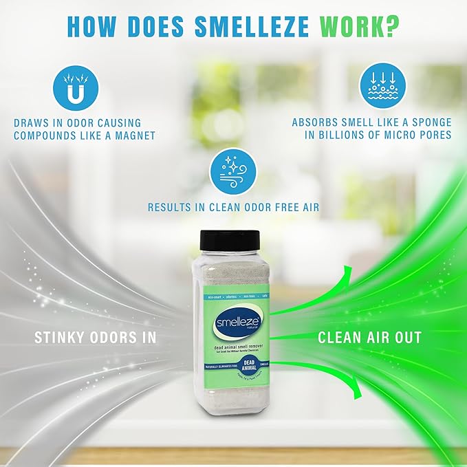 SMELLEZE Natural Dead Animal Odor Removal 2 lbs Powder: Eliminate Dead Rat, Mice, Squirrel, Chipmunk, Raccoon & Bat Smell. Safe for Indoor & Outdoor Use