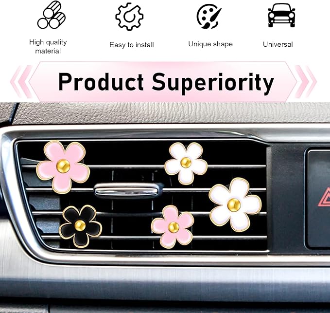 6PCS Car Air Vent Clips, Colorful Daisy Flower Air Conditioning Outlet Clip, Cute Car Clip Interior Air Vent Decoration, Universal Girly Cars Interior Accessory for Women (White Pink Black)