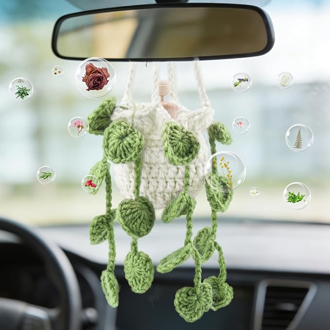 Crochet Car Air Freshener, Cute Crochet Plant for Rear View Mirror, Handmade Car Mirror Hanging Accessories, Plant Botanical Fern Leaf Design with 10ml Refillable Glass Essential Oil Bottle for Home