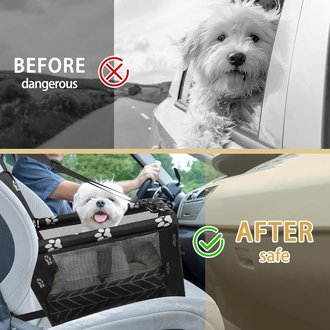 PetsHome Dog Car Seat Foldable Dog Car Booster Seat Waterproof Breathable Oxford Travel Bag for Small to Medium Dogs, Puppies, and Pets-Footprint Black+Mat