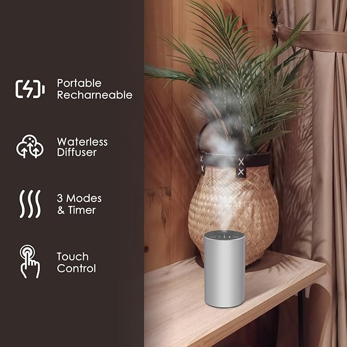 Waterless Essential Oil Diffuser, 7 Colors LED Light, Battery Powered Mini Scent Air Machine, Aromatherapy Mist Diffuser for Home Room Car Office (Silver)