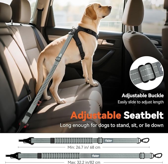 Dog Seat Belt, Dog Car Seat Belt Bungee, Car Harness for Pet with Buckle & Hook Latch, Safety Leash Vehicle, Adjustable Reflective Pet Vehicle Tether, 360° Swivel Lock Clasp, Gray