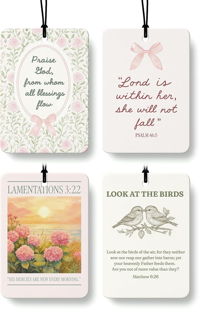 Inspirational Christian Car Air Freshener 4 Pcs Coconut Scented, Christian Car Accessories Mirror Decor for Women, Floral Bird Religious Hanging Air Freshener for Cars Closet Drawer Books
