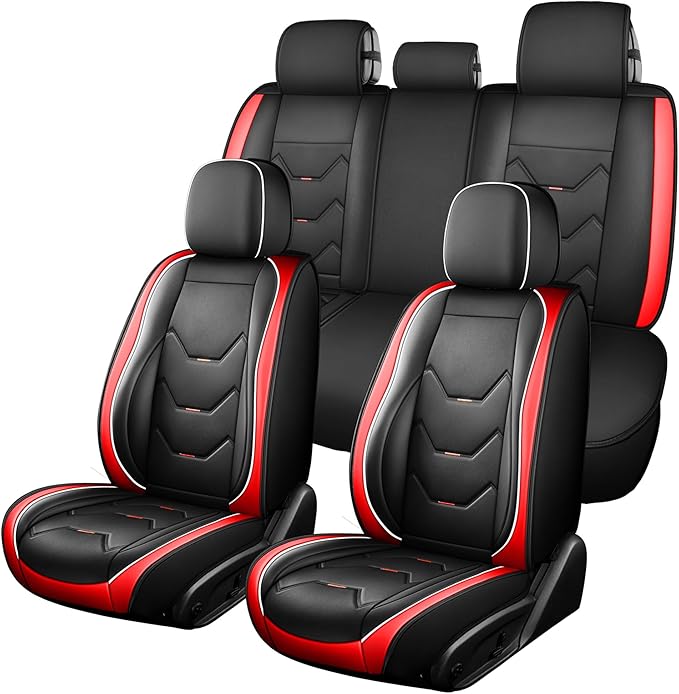 otoez Car Seat Covers Full Set, 5 Seats Leather Seat Cover for Car, Black Automotive Front and Back Seat Cushion Protector Waterproof and Non-Slip for Most Sedens Trucks SUVs, Black & Red