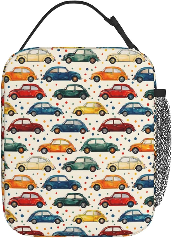 Car Theme Lunch Box for Women Adults Kids, Insulated Cooler Polyester Vintage Classic Cars Lunch Bag for Picnic, School, Office, Travel, Work, Portable Reusable Tote Thermal Lunch Bags
