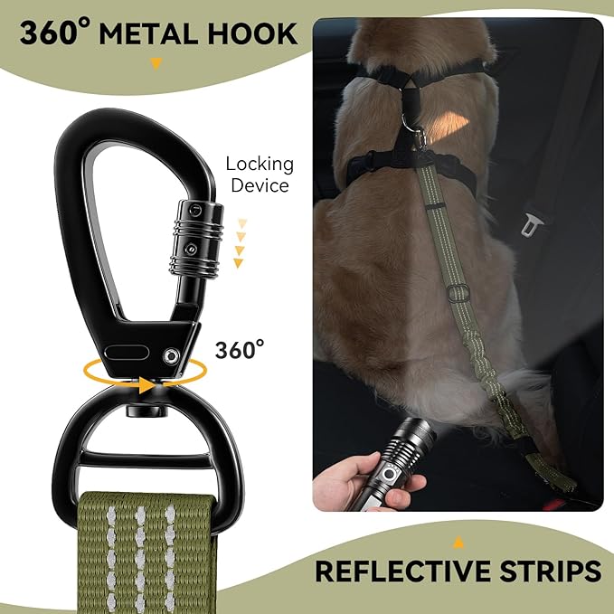 Pawaboo 2Pack Dog Seatbelt for Car, 3-in-1 Dog Car Seat Belt, Shockproof Dogs Tether with Buckle & Hook Latch, Adjustable Reflective Dogs Cars Leash with 360° Lockable Buckle, Army Green + Black
