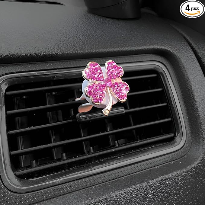 4 pcs Cute Car Vent Clips Car Air Fresheners Vents Clips Glistering Crystals Air Freshener Clip Charm Car Inter Decor Cute Accessories for Women Girls (Pink four-leaf clover air outlet)