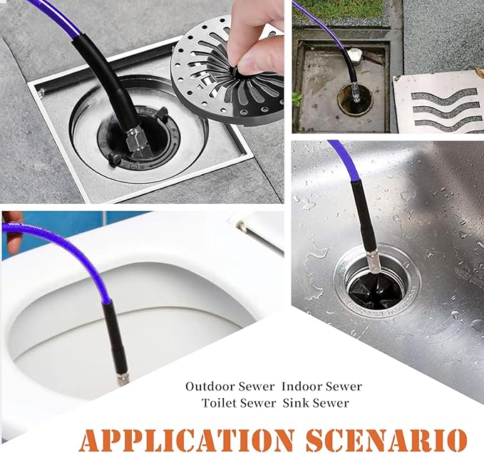Sewer Jetter Kit for Pressure Washer, 100FT Drain Cleaner Hose 5800PSI with 1/4 Inch NPT Corner, Rotating Nozzle and 4 Different Button Nose Sewer Jet Nozzles, Waterproof Tape and 2 Spanners （Purple）