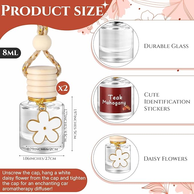 2 Sets Hanging Car Air Freshener and Essential Oil Diffuser, Car Air Freshener Daisy Essential Oil Diffuser Long Lasting Automobile Aromatherapy(White,Teak Mahogany)