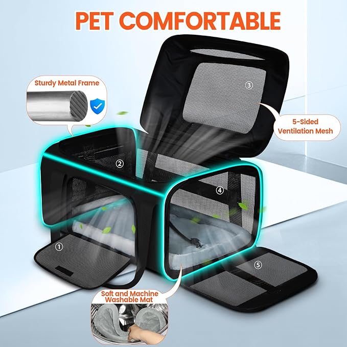 Petskd Top-Expandable Small Pet Carrier with Wheels(18" L x 13" W x 9.5" H), Southwest Airlines Approved, Rolling Pet Carrier for Small Dogs & Cats (Black)